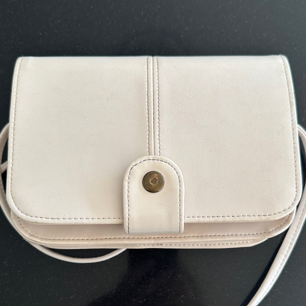 Vintage Cream Faux Leather Crossbody Bag with Built-in Mirror & Wallet